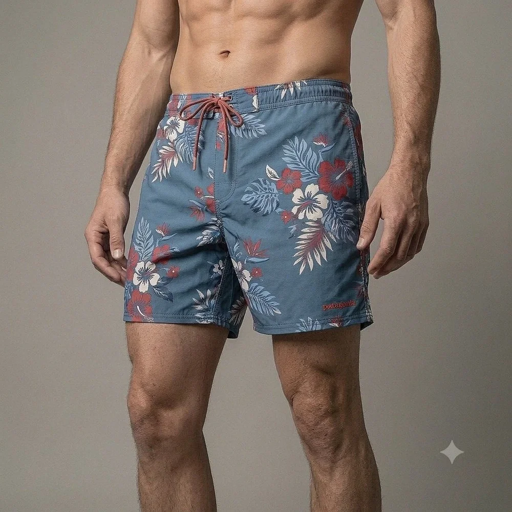 Patagonia‎ Mens 32 Board Shorts Blue Floral Tropical Scalloped Hem Stretch Swim